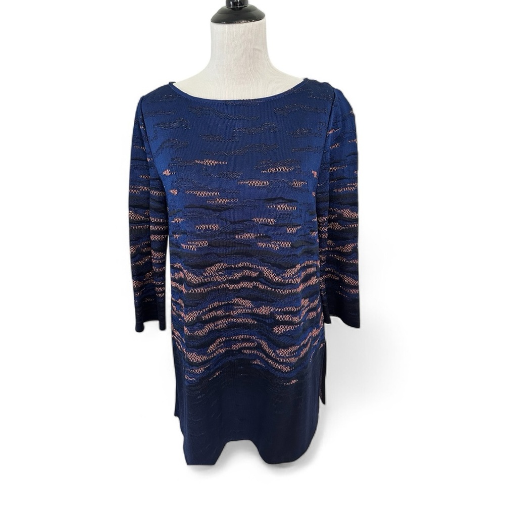 St. John Navy and Copper Metallic Knit Top Sweater Sz M 3/4 Sleeves